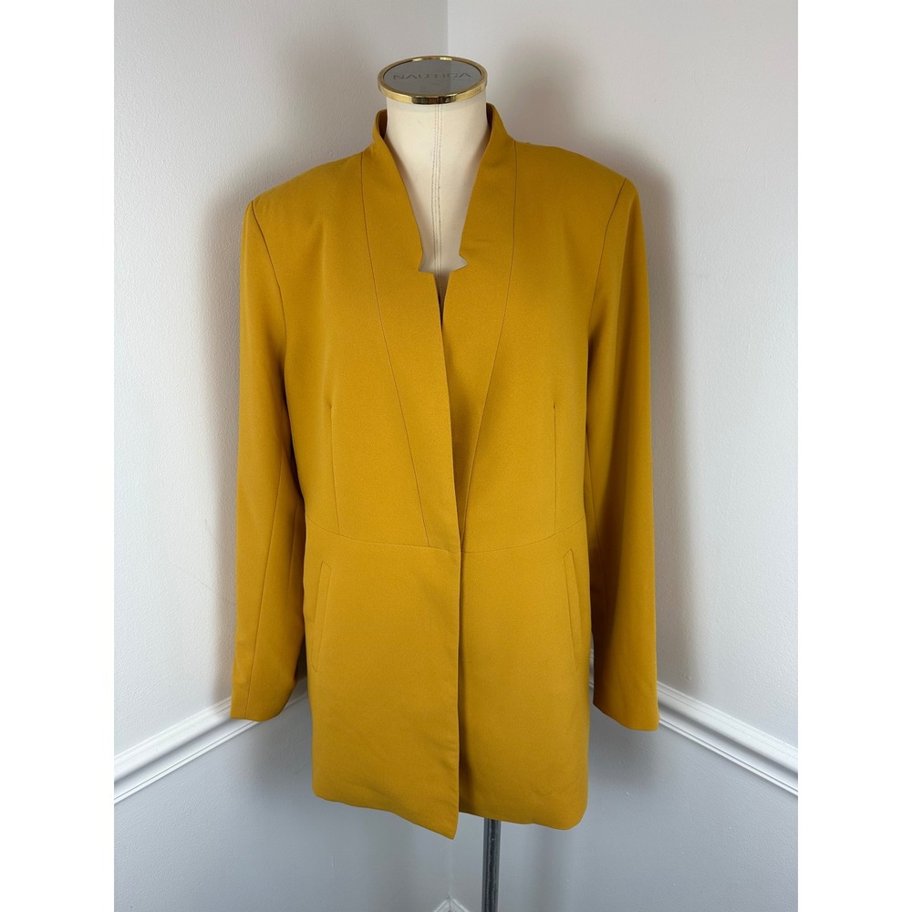 RACHEL ZOE Long Mustard Yellow One-Button Collarless Blazer Jacket | Large